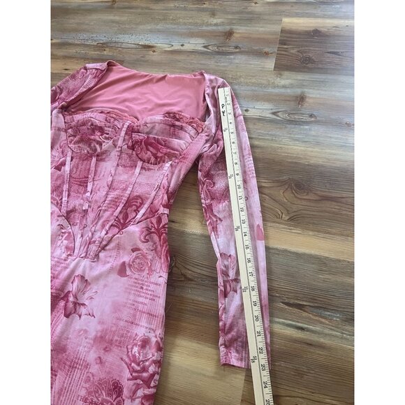 SHEIN Curve 0XL Pink Print Corset Maxi Dress Bodycon Mesh Long Sleeve Y2K - Picture 9 of 11